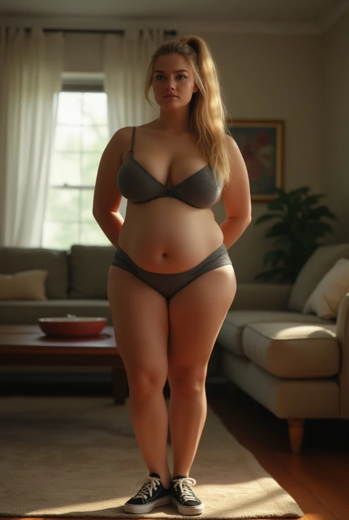 Beautiful blonde 18 year old busty girl with hair in ponytail in an living room wearing tiny bra wich is far too small for her monster tits, grey panties, black tennis shoes.  She is standing in the middle of the room with her hands behind her back and fac...