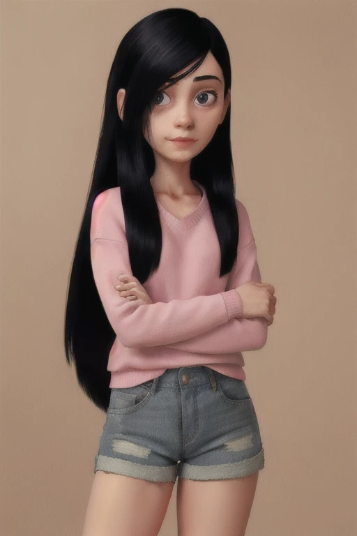 xyzviolet, looking at viewer, beautiful, masterpiece, long hair, black hair, pink sweater, shorts, closeup, portrait