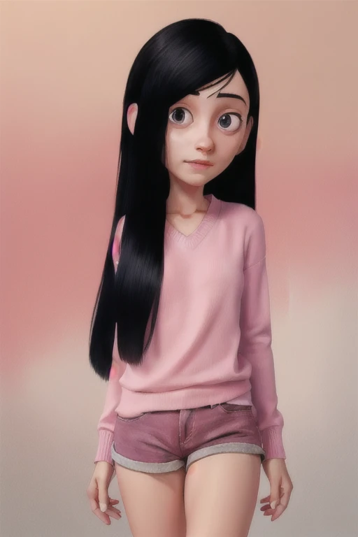 xyzviolet, looking at viewer, beautiful, masterpiece, long hair, black hair, pink sweater, shorts, closeup, portrait