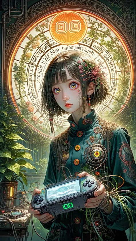 geisha, big eyes, ulzzang, wires, buttons, circuits, vines, twigs, nature, science, dramatic, sexy, romanticism, cyberpunk, neo-...