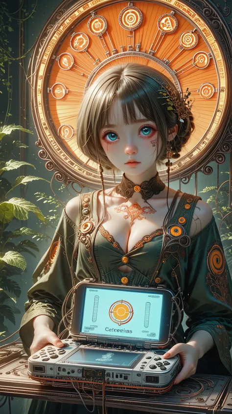 geisha, big eyes, ulzzang, wires, buttons, circuits, vines, twigs, nature, science, dramatic, sexy, romanticism, cyberpunk, neo-...