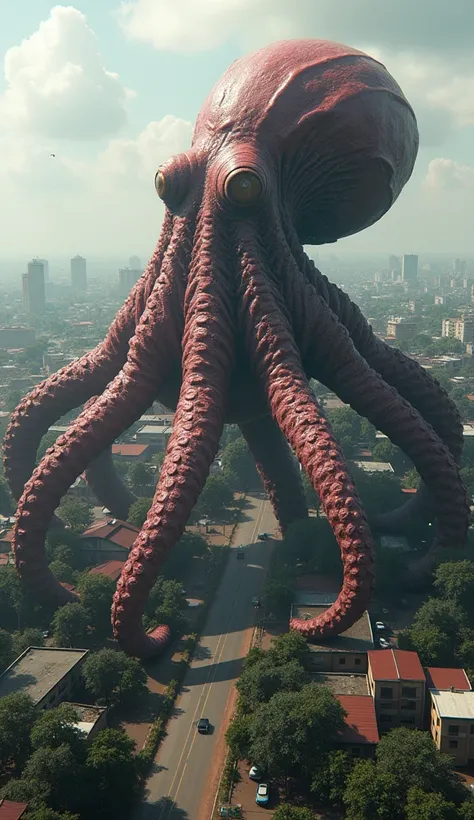  from a birds-eye view、Aerial footage of the octopus monster 、 Kampala, masterpiece,   anatomically correct, 最 high quality,   high definition model ,   high detail,  high quality,   very detailed ,  ultra-fine, 