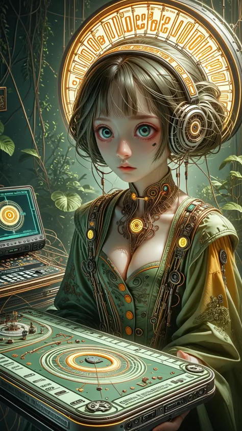 geisha, big eyes, ulzzang, wires, buttons, circuits, vines, twigs, nature, science, dramatic, sexy, romanticism, cyberpunk, neo-...