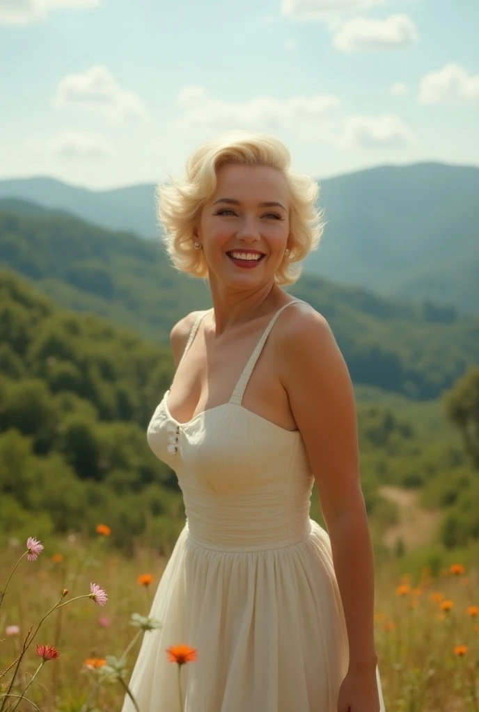 (8k, RAW photo, highest quality, masterpiece: 1.2), (realistic, photorealistic: 1.4),An image of Marilyn Monroe inspired by The Sound of Music, with a lively and dynamic feel. She is shown from the waist up, facing forward, with an open smile, exuding joy ...