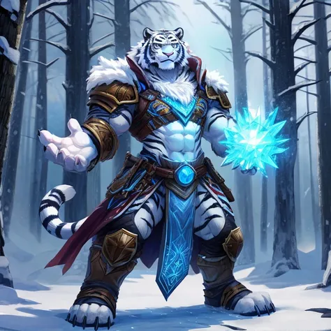 solo, white tiger folk, male, snowy forest, mage armor, powerful build, ready stance, white fur, equal height, detailed face ((w...