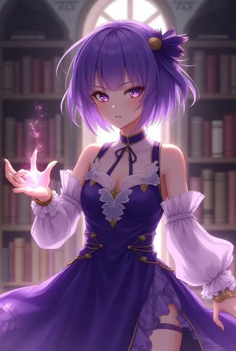  female Genshin Impact style character with short purple hair and purple eyes.
Wearing a purple dress with white .
 Slightly irritated
In a library 
Being a magician 