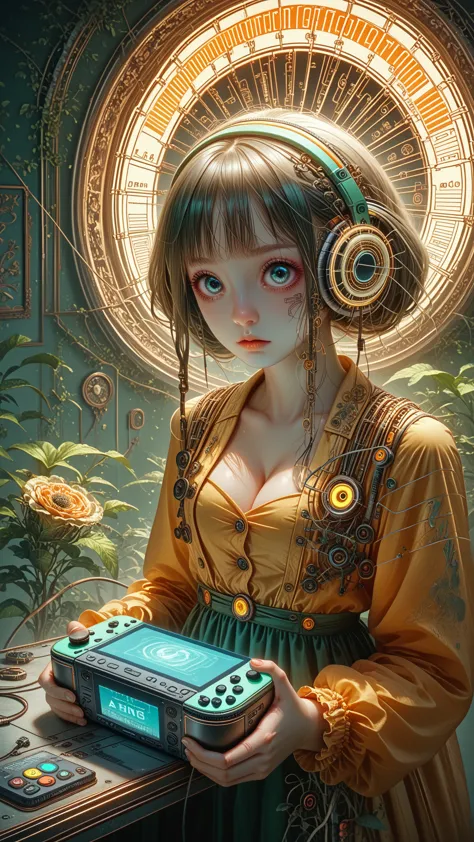 geisha, big eyes, ulzzang, wires, buttons, circuits, vines, twigs, nature, science, dramatic, sexy, romanticism, cyberpunk, neo-...