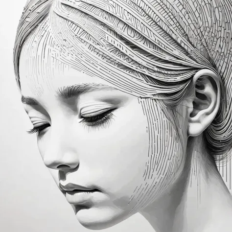 (a fingerprint that form a japanese womans face,close eyes,each line is on different 3d depth heaight, hyperrealistic ,white paint, white wall, emotion, ), intricate details, (masterpiece)