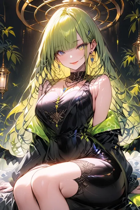 One young and beautiful woman,(Best Quality,Very detailed depiction, Incredible High Resolution,High quality anime drawings),( black cock:1.3,Long Green Hair:1.3,Diagonal bangs,Odd Eye:1.3,Blue eyes and yellow eyes,Gentle smile,chest, light lipstick,Beautiful legs, beautiful feet,Curvaceous body),(one-shoulder intricately crafted black gothic dress, Luxurious accessories , earrings with cups,necklace,Volume sleeves,Jeweled collar,Big, sparkling jade, black pantyhose,Black long boots),(Full body image:1.3, Front View :1.3),