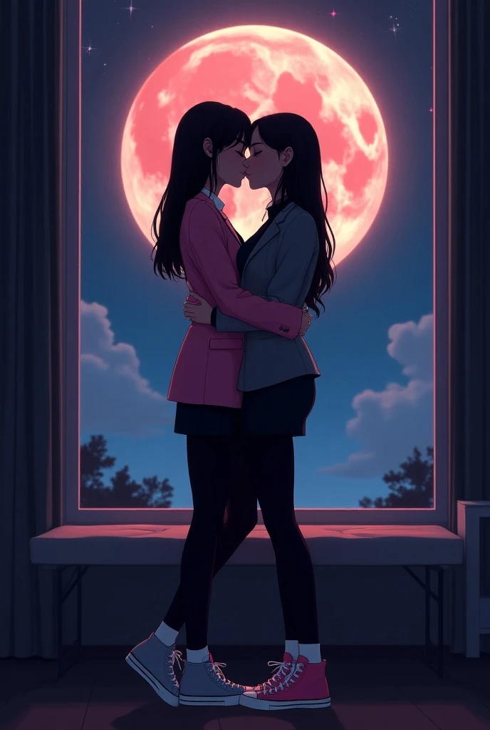 Two girls, long black hairs, yuri
(The first girl wear a pink suit, black shirt, long hair, black pencil skirt, black underpants, black tights, white socks, pink sneakers high top)

(The second girl wore a grey suit, black shirt, long hair, black pencil sk...