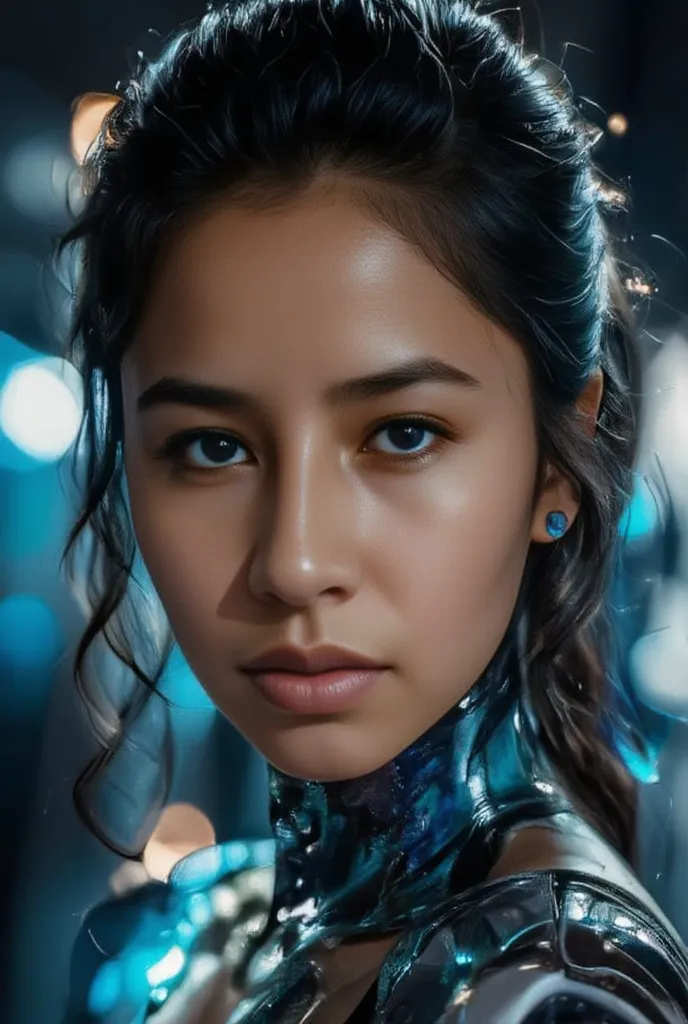 Ale,a futuristic sci-fi girl, cyberpunk, hyper detailed face, striking blue eyes, glossy synthetic skin, intricate robotic anatomy, glowing neon implants, complex machinery, dramatic lighting, neon city background, 8k, photorealistic, cinematic composition