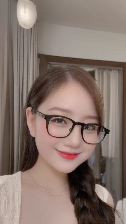 (Realistic、masterpiece、best quality、8K、high resolution、high resolution:1.3)、there are two glasses women with glasses on posing for a picture,、smile, red lips, Gigantic breasts、white bikini、pale white skin、looking at viewers、supene face and eyes、long hair、i...