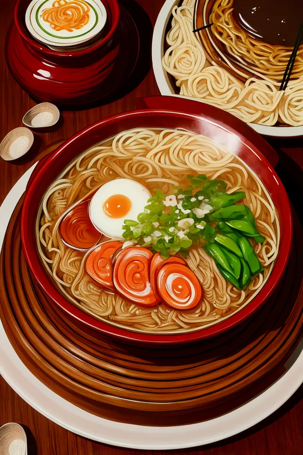 japanese anime style、ghibli style、table、ramen、pot