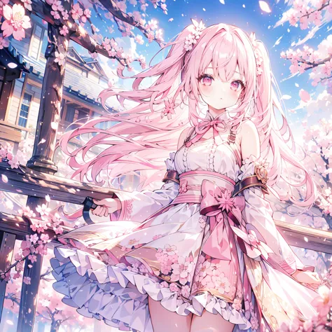 1 girl,  high resolution model,  ultra-fine,   twin tails,  pink hair,  pink eyes , ribbon, lots of cherry blossoms　dress,long h...