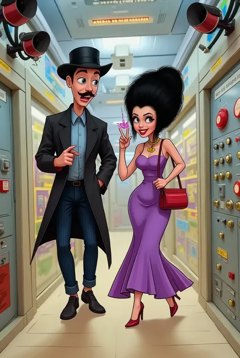 Heres a creative description for AI art generation, featuring original interpretations of these character archetypes: A tall, lanky man in an ill-fitting black trench coat and comically small bowler hat creeps exaggeratedly through a high-tech facility, hu...