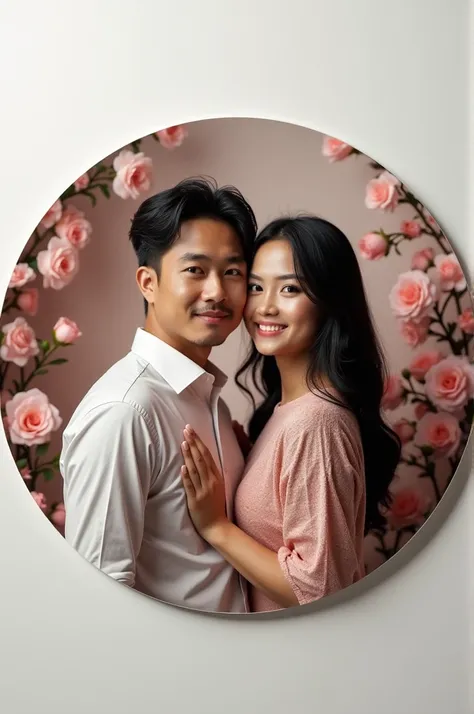 The circle logo is coated with thin glass the size of the logo, in the original photo of an Indonesian couple, a 25-year-old man with slightly long hair, wearing a shirt, a 20-year-old woman with long black hair, wearing a dress, all looking at the camera ...