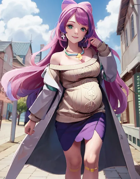 miriam, long hair, purple hair, 1 pregnant girl, jewelry, green eyes, earrings, coat, looking at viewer, sweater, open coat, sol...