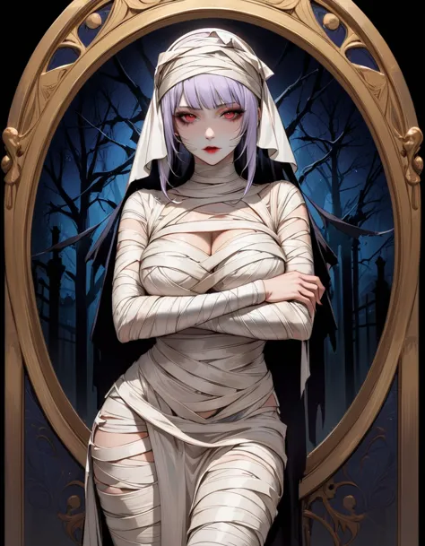 a woman in a costume with a bandage, mummy. pale young mummy girl, creepy pose with hands in front, large breasts, high quality ...