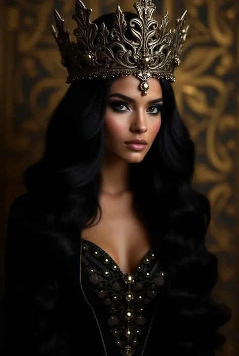 A (((full-body portrait))) showcasing a (((beautiful woman))) with luxurious (((long, flowing black weavy hair))), framed by wide (((black and gold crown))), set against a (distinctively dark and gold backdrop) that gives off an air of mystery and elegance...