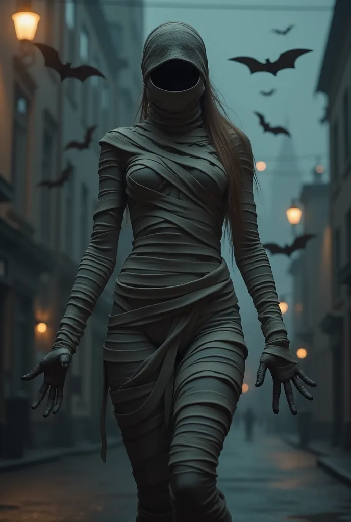 ((masterpiece, highest quality, Highest image quality, High resolution, photorealistic, Raw photo, Extremely detailed CG unified 8k wallpaper)), (huge stunning goddess shot, very hot and sexy, jaw-dropping beauty, perfect proportions, beautiful body, slim body beauty:1.4), Dramatic Light, Volumetric Light, A mummy woman standing with her legs open in a city at night, with dirty bandages over her entire body, head to toe. Incredible texture and detail are shown. Rendered with high quality, ultra-detailed textures. view from below, Bats fly around her,