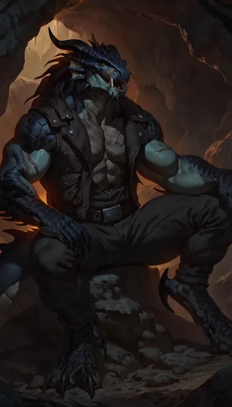 solo, lizard like dragonborn, black dragonborn, sitting, anthro dragon, scaly, dragonic, monster, mercenary, open mouth, black scaly body, matte body, toned, muscular anthro, big muscles, big horns, wearing vest and pants, detailed scales, scars on body, 1...