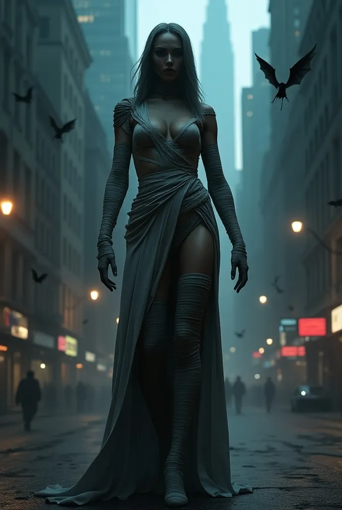 ((masterpiece, highest quality, Highest image quality, High resolution, photorealistic, Raw photo, Extremely detailed CG unified 8k wallpaper)), (huge stunning goddess shot, very hot and sexy, jaw-dropping beauty, perfect proportions, beautiful body, slim body beauty:1.4), Dramatic Light, Volumetric Light, A mummy woman standing with her legs open in a city at night, with dirty bandages over her entire body, head to toe. Incredible texture and detail are shown. Rendered with high quality, ultra-detailed textures. view from below, Bats fly around her,