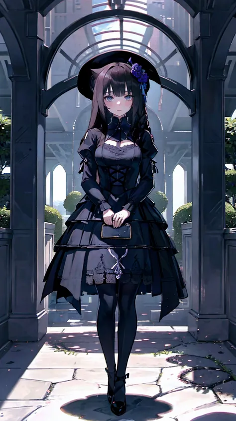 ネオゴススタイルの  girl, wearing a black dress and a white collar,  wearing a black hat  、wearing heavy makeup,  she's standing in a mys...