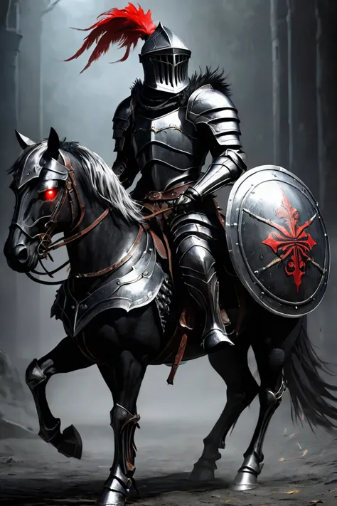 armored character holding a sword and shield riding a horse,  light black armor ,  and smooth lacquered black metal armor ,  wea...