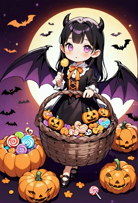 お化けカボチャの着ぐるみを着た女の子,a basket in his hand and sprinkling sweets, avatar style, simple background, colorful sweets in a basket ,Candy,lollipop, Halloween cookies , Halloween pumpkins, Count Draculas clothes ,Bat Wings,Thin-tipped leather shoes ,Very fine,mast...