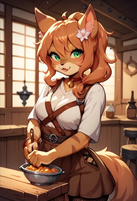 catgirl working at a tavern, slutty clothing, cute, adorable, fantasy art, detailed art, furry, light novel art, anime art