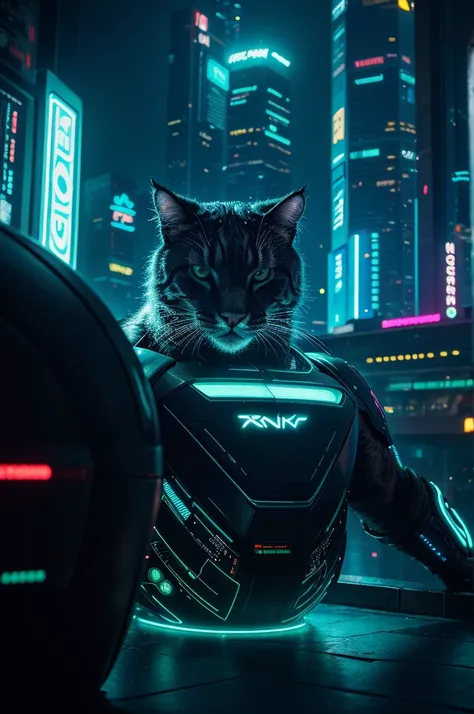 A close-up picture of a big cat in the futuristic cyberpunk neon tron world, cyberpunk city landscape, detailed intricate architecture, glowing neon lights, studio lighting, moody atmosphere, cinematic composition, vivid colors, 8k, photorealistic, masterp...