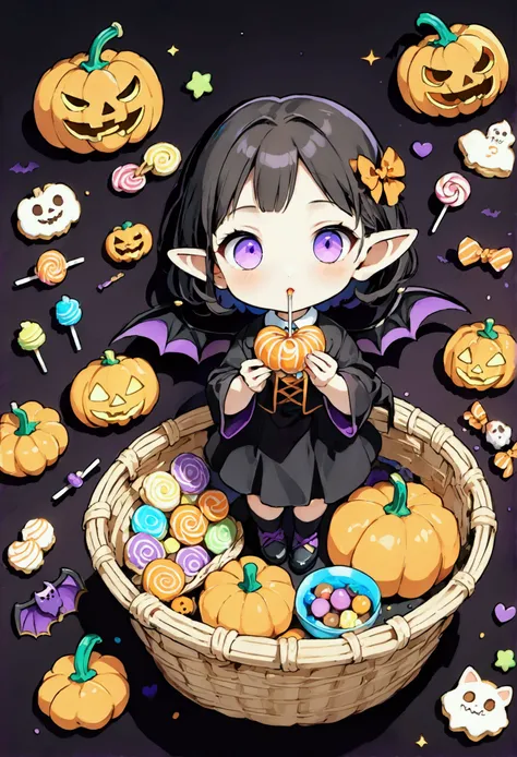 お化けカボチャの着ぐるみを着た女の子,a basket in his hand and sprinkling sweets, (avatar style:1.5), simple background, colorful sweets in a basket ,Candy,lollipop, Halloween cookies , Halloween pumpkins, Count Draculas clothes ,Bat Wings,Thin-tipped leather shoes ,Very fin...