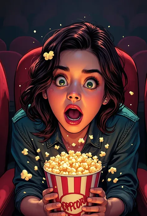 illustration, (comic book style), contrast lighting, front-view comic portrait of a cute young lady in a dark movie theater, dyn...