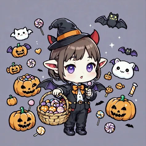 お化けカボチャの着ぐるみを着た女の子,a basket in his hand and sprinkling sweets, (avatar style:1.5), simple background, colorful sweets in a basket ,Candy,lollipop, Halloween cookies , Halloween pumpkins, Count Draculas clothes ,Bat Wings,Thin-tipped leather shoes ,Very fin...