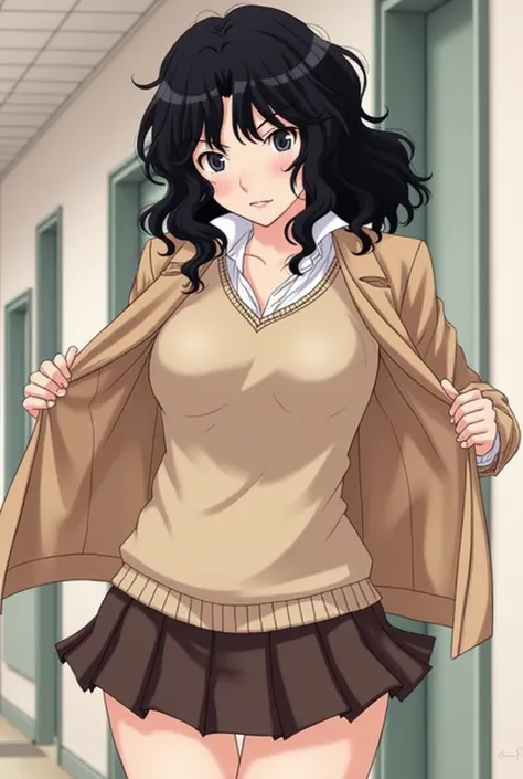 Kaoru Tanamachi(1:2),  super detailed face,  pay attention to the details with the hem of the clothes,  anatomically correct body ( beige knitwear style uniform:1.3), (Dark Brown Skirt:1.1), School corridor, Provoke by showing your stomach(1:10), Lift the ...