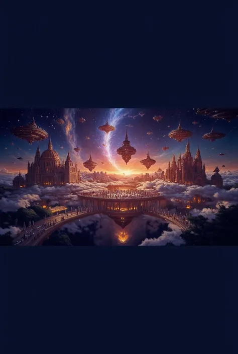 create a breathtaking, otherworldly scene of a colossal interplanetary flying railway station suspended in the sky, embodying th...