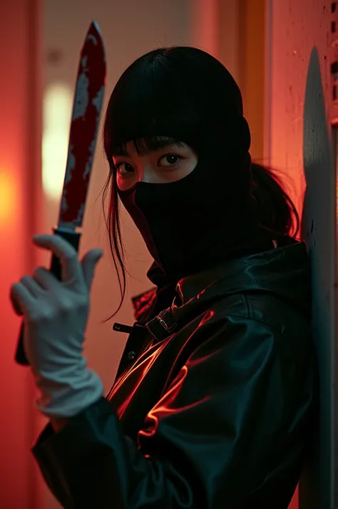 korean beautiful girl, (behind stiff, black balaclava mask), bloody knife, stabbing, white latex gloves, bloody room, bloody black raincoat, foodie, trucker hat, holding knife, hotel room, latex gloves, hidden, blood splatter, low ponytail, black wet suit,...