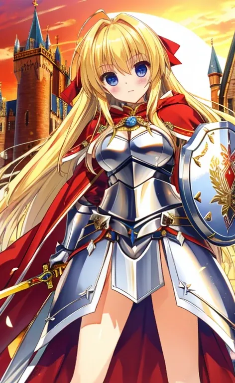  beautiful long blonde hair 　female knight　 Silver Plate Armor　 red cloak　Holding sword and shield　Iron Sword　Medieval castle　Small breasts