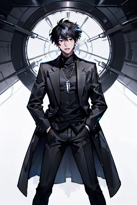 1 male (tall man, slim, manly, dominate, messy black-haired, tough, wearing a emo outfit.) best quality, ultra-detailed, illustr...