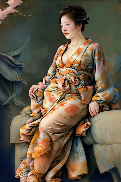 Japanese painting, beautiful woman in kimono, beautiful voluptuous mature woman, subtle eroticism, white skin visible through loose kimono, beautiful whiteness of sagging breasts and thighs, sunshine, pale background, sophisticated design, work of art, 8K ...