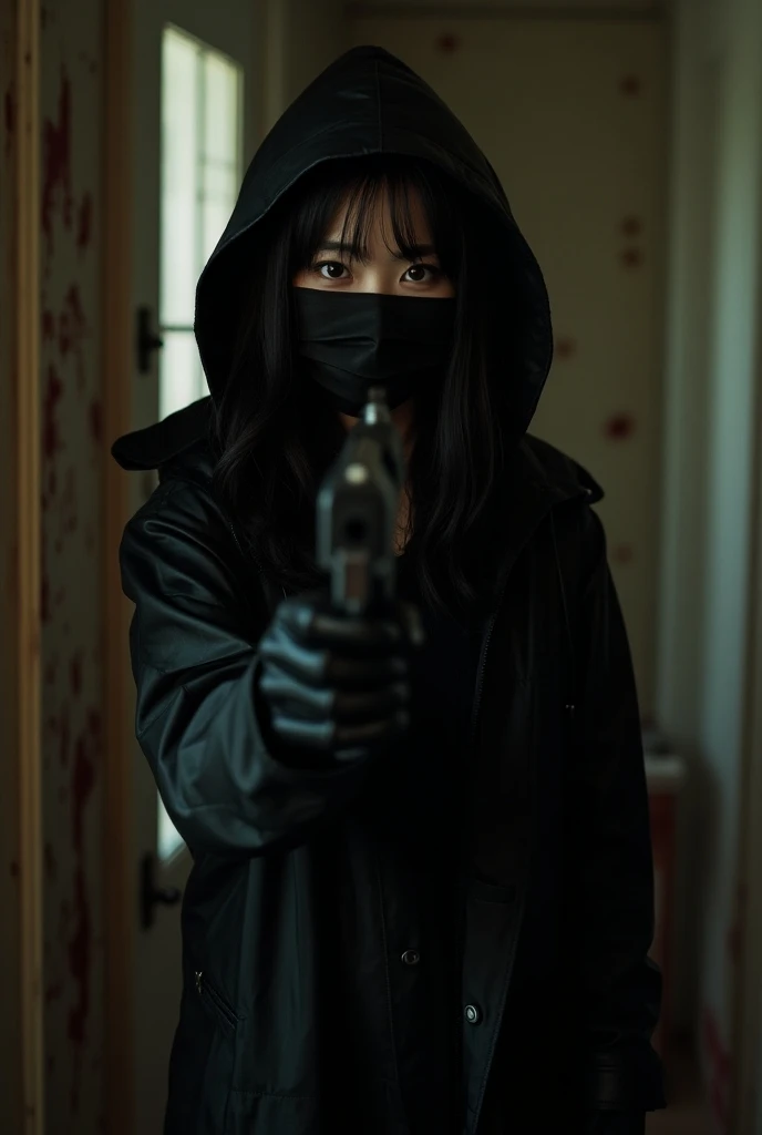 korean beautiful girl, (behind stiff, black surgical mask), gun, shotting, black leather gloves, bloody room, black raincoat, foodie, hood up, gun, living room, black leather gloves, hidden, looking at viewer, blood splatter, long bangs, black wet suit, ni...