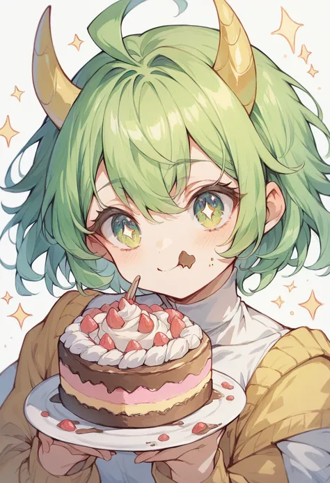 green hair,yellow horns,eat cake,cute girls,sparkling eyes