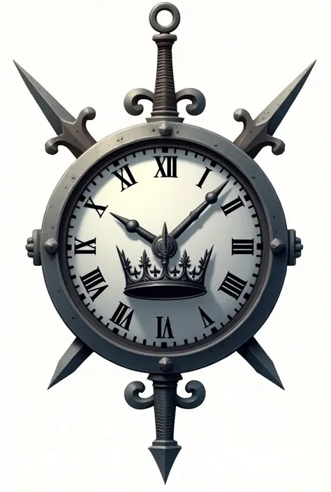 a clipart of a simple clock in atalic sheet which have (two sword on both sides and one crown) inside of clock without background