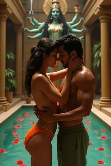 Sexy hindu girl in orange thong panty and hunky Muslim guy in green underwear with penis erection romancing in a pool decorated with rose petals inside temple with goddess Durga idol with six hands holding trishul behind and hindu girl is not wearing bra 