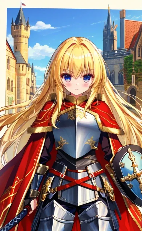  beautiful long blonde hair 　female knight　Black plate armor　 red cloak　Holding sword and shield　Iron Sword　Medieval castle　 face the front 　 cowboy shot 