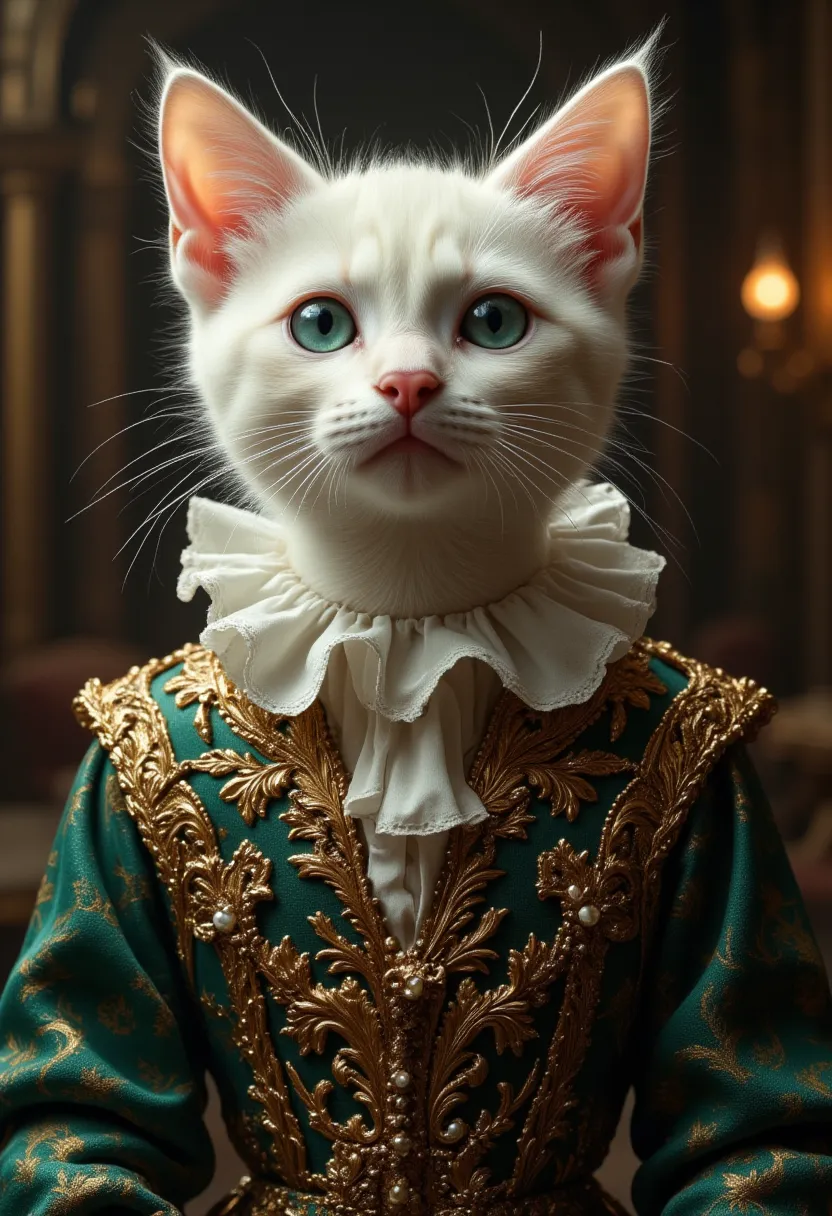 a hyperrealistic portrait of an elegant anthropomorphic kitten with soft, fluffy white fur and large, expressive emerald-green e...