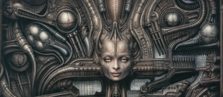 hrggr, the image is a detailed view of h.r. giger's biomechanical tableau \" landscape no 312 \" plate, featuring a complex, int...