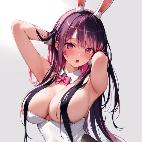 ((masterpiece)), ((Best Quality)), (((One slim girl:1.4))), ( very detailed )、(( very detailed な顔)), 4K, (8k), Best Quality、((( bunny girl:1.4)))、((Huge breasts、Large Breasts:1.4))、((Pink hair hides breasts:1.3))、(( pink hair twin tail:1.4))、(((:1.6)))、(((...