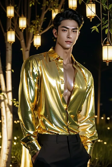 The painting style is quiet and the lights are yellow. The willows in the courtyard sway in the wind, the full moon shines brightly in the night sky, lanterns are glowing with yellow light. Under the willow tree a tall, hot, handsome, muscular young man is...