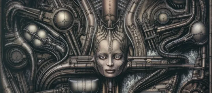 hrggr, the image is a detailed view of h.r. giger's biomechanical tableau \" landscape no 312 \" plate, featuring a complex, int...